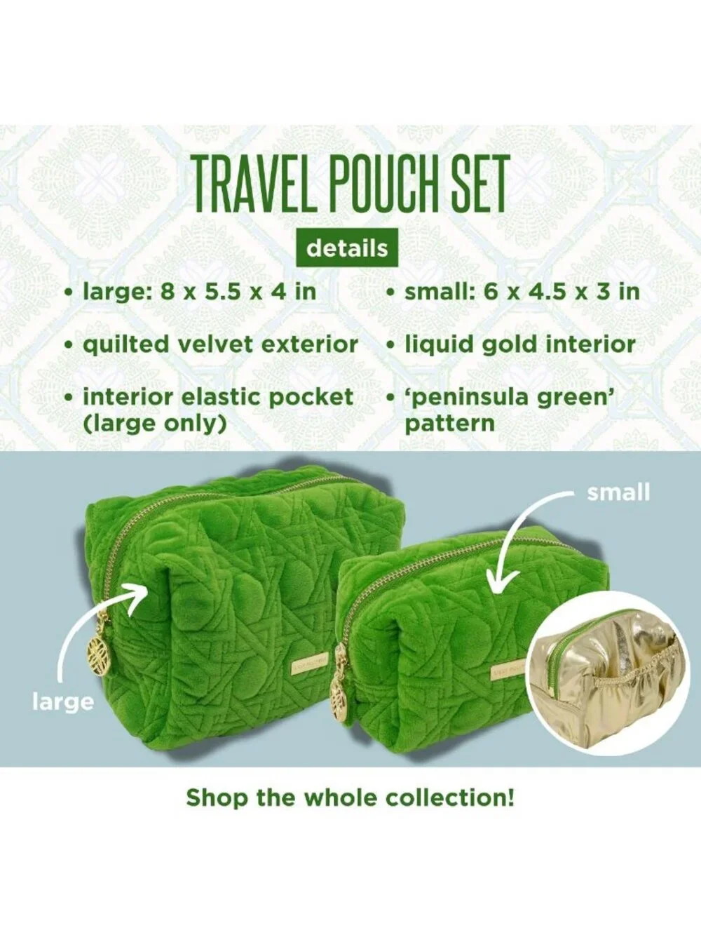 Set of 2 Gold Quilted Cosmetic Pouches - Cute Travel Toiletry Bags for Women